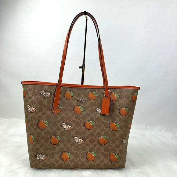 COACH City Tote Bag In Signature Canvas With Orange Print CAL74 Gold/Tan NWT - Picture 1 of 9